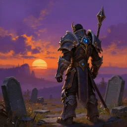 painting of arthas from world of warcraft!!!!!, watching a purple and orange sunset!!, from the black mage cemetery!!!, in the style of justin gerard!!!!