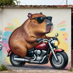 “ graffiti of a capybara wearing sunglasses driving a motorcycle, illustration, detailed, realistic ”