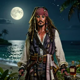 Captain Jack Sparrow is looking all over an island for his rum, where is his rum, why is the rum gone, the moon is rising on the horizon, stars glistening in the night, hyperdetailed, artstation, cgsociety, 8k