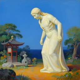 titanic ancient god statue bending over a pagan japanese garden by beksinski and bosch, very cohesive and vibrant, serenity, hyperminimalist, 8 k, surreal oil painting, highly detailed, dream like, masterpiece