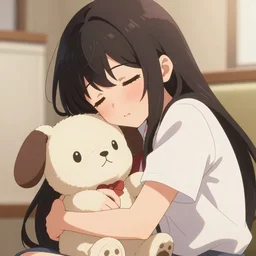 Anime girl snuggles toy, anime, 8k