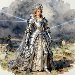 concept art of an empress in armor rococo outfit, pinterest, artstation trending, behance, watercolor, by coby whitmore, silver, laser light,