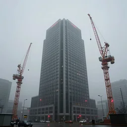 headquarters of an evil corporation, foggy, huge cranes, red leds, hyperrealism, no blur, 4k resolution, ultra detailed, style of John Berkey, Norman Rockwell, Hans Thoma, Ivan Shishkin, Tyler Edlin, Thomas Kinkade