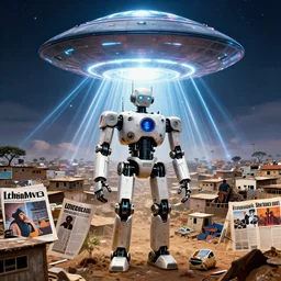 photo of ROBOT of AJEGUNLE SLUMS of Lagos inside African JESUS CHRIST about AESTHETICS surrounding large UFO within NEON rays of light, magazine collage,