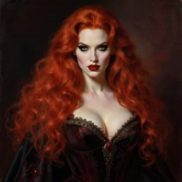 majestic gracious regal aristocratic redhead female vampire portrait, atmospheric lighting, painted, voluptuous, menacing, intricate, volumetric lighting, beautiful, rich deep colours masterpiece, sharp focus, ultra detailed, by leesha hannigan, ross tran, thierry doizon, kai carpenter, ignacio fernandez rios
