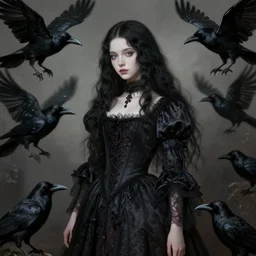 full body portrait of a dark haired girl, long hair, pale beautiful gentle face, blue eyes, intricate goth dress, among ravens, highly detailed, deep focus, elegant, digital painting, smooth, sharp focus, golden ratio, illustration, ultra realistic, 8 k, art by artemisia lomi gentileschi and caravaggio