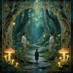 enchanted forest in the amazon, intricate design, elegant, magical, art nouveau, environment art, film still, glowing mushrooms, stone trails, water, art by art by artgerm and greg rutkowski and ruan jia and peter polach