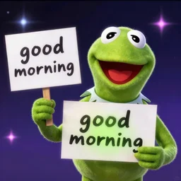 deep space synthwave kermit holding sign that says “ good morning ”