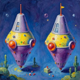 isometric bulbous spaceship model in gouache detailed bright funny paintings rotated left rotated right props stylised hieronymus bosch