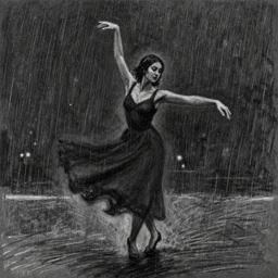 a charcoal and pastel drawing of a lady dancing in the rain during the night
