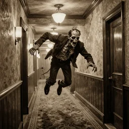 action scene sepia painting of an undead flying zombie, in a 1 9 2 0 s hotel hallway warping unnaturally, clyde caldwell, h. p. lovecraft, atmospheric lighting, brooding, painted, intricate, ultra detailed, well composed, best on artstation, cgsociety, epic, horror, stunning, gorgeous, intricate detail, much wow, masterpiece, cinematic aesthetic octane render, 8 k hd resolution,