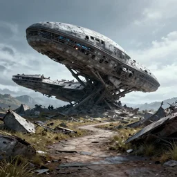 wreckage of a huge alien spacecraft from star wars, mountain trail