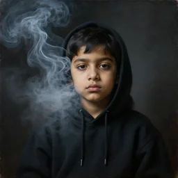 a beautiful dramatic portrait of a spaced out indian stoner 2 5 years old boy wearing black hoodie, dense smoke smog mist, by anthony van dyck, by caravaggio, by greg rutkowski, trending on artstation, oil on canvas, rococo color scheme, dark background, masterpiece, cinematic composition, brilliant cold lighting, hyper - detailed, sharp, no frames, 8 k