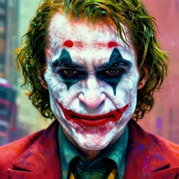 abstract portrait of the joker in gears of war, city in the background, the joker 2 0 1 9, studio lightning, beautiful face and eyes, rule of thirds, face symmetry, colourful spray paint splatters, expressive, fine art, by greg rutkowski, by jeremy mann, by francoise nielly, 4 k, 8 k, correct body proportion, vivid cinematic style
