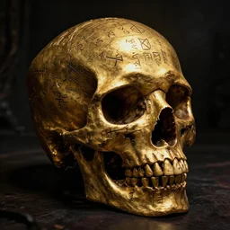 a golden runic skull intricately decorated with ancient runic inscriptions and prophecies. dark ominous chiaroscuro baroque still life style. dramatic ray of light, ultra detailed, unreal engine 5 by beksinski, wayne barlowe, billelis. ominous dark background. weirdcore