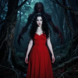 rumiko takahashi, full body, pretty alyson hannigan, evil dead demon, evil dead movie, red dress, symmetrical eyes, symmetrical face, long curly black hair, trees, forest, branches, cinematic lighting, evil dead creature, scary, blood
