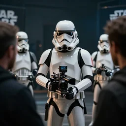 behind the scenes photograph on the set of star wars. cinematic 4 k, 8 k, ultra detailed, high resolution, artstation, award winning, volumetric lighting