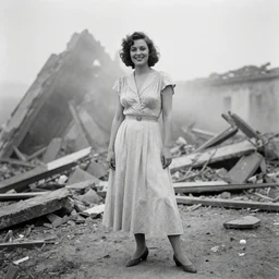 black and white glomour photograph from 1 9 3 0 of the female model in posing with smile in a beautiful dress with the background of destruction and decay just behind her, full view, detailed, natural light, mist, film grain, soft vignette, sigma 5 0 mm f / 1. 4 1 / 1 0 sec shutter, imax 7 0 mm footage