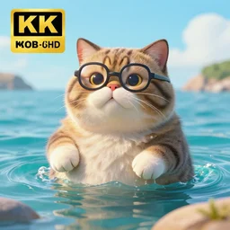 8K UHD render of a fat nerdy tomcat bathing in the sea