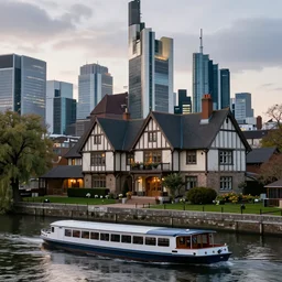 realistic and detailed photo, tudor style detached house, skyscrapers on the background, a river flowing through the scene, riverboat in the foreground, dusk