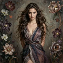 facial portrait of a young gorgeous woman in flowing sensual dress, arrogant, long fine flowing hair, delicate, looking at camera, slightly awkward smile, realistic face, hands behind back, stylish, elegant, grimdark fantasy, flowers, extremely detailed painting inspired by Gerald Brom and Ernst Haeckel and Kaluta, studio lighting