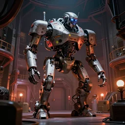 film still from star wars, giant robot working in a dimly lit industrial junk engine room. interior set design, vibrant, high contrast