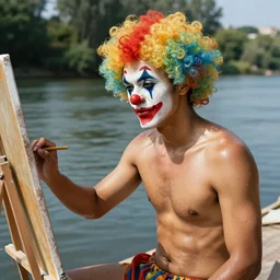 attractive man by a river, bright sunlight, oil covered skin, wearing a clown wig and clown makeup, painting by gaston bussiere, craig mullins