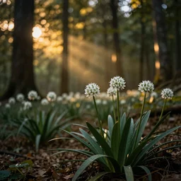 allium flowers in a forest, golden hours, wilderness, cinematic lighting, trending on artstation