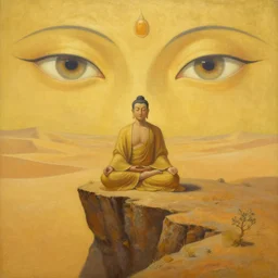 a surreal golden painting of a man meditationg on a cliff where he sees giant buddahs eyes floating in the desert