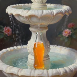 carved marble fountain with orange soda instead of water. oil painting, indie concept art, bloom, chiaroscuro, backlighting, intricate details, depth of field.