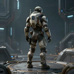 concept art of a scifi explorer nomad standing on a platform, back - view, hyperrealistic, photorealistic, style by wlop, hyper detailed, 8 k