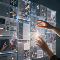 large layers of overlapping translucent cyberscreens projecting beautiful varied reference sheets, floating translucent graphics, dripping light drops, people hands touching light drops, perfect lighting pixel sorting