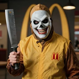 grimace from mcdonalds wearing a plague masks and holding a machete