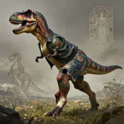 tattooed t - rex wearing a jacket and ripped shorts running and dancing in a field, character sheet, character design, contrast, deep focus, turnaround, highly detailed, dramatic lighting, digital painting, artstation, concept art, matte, sharp focus, illustration, elegant, art by artgerm and greg rutkowski and alphonse mucha.