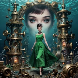 in the style of joshua middleton, artgerm, beautiful audrey hepburn, steampunk, bioshock, full body green dress, elegant pose, middle shot, spooky, symmetrical face symmetrical eyes, three point lighting, detailed realistic eyes, insanely detailed and intricate elegant, underwater home