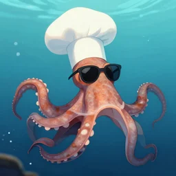 cephalopod with a chef hat and sunglasses, under water, 8 k, art station, greg rutkowski, roger deakins