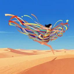 A colorful vibrant wide shot of a woman wearing and endless ribboning cape floating above the desert, by kawase hasui, moebius, Edward Hopper and James Gilleard, Zdzislaw Beksinski, Steven Outram colorful flat surreal design, hd, 8k, artstation