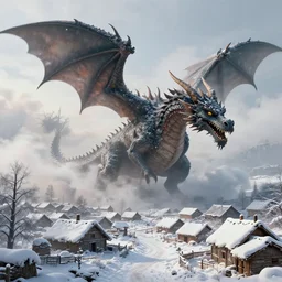 a dragon made of smoke attacking a village in winter, realistic, 4k, cinematic, Highly detailed digital art