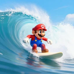 head on medium view of mario surfing, surfing inside the tube of a very large wave that's about to collapse. mario holds a martini in one hand. highly detailed, professional high quality 4 k, action shot, dramatic lighting