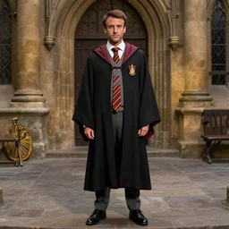 emmanuel macron as a student in hogwarts school of withcraft and wizardry, full body shot, highly - detailed, sharp focus, award - winning