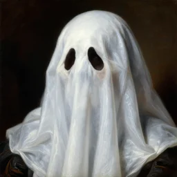 a baroque close - up portrait of a dark halloween ghost wearing a white liquid sheet. renaissance portrait. highly detailed science fiction painting by norman rockwell, frank frazetta, and syd mead. rich colors, high contrast, gloomy atmosphere, dark background. artstation