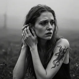 award winning photo of some despair as lars von trier would depict it, she is 2 3, skinny and beautiful and listens to oathbreaker, she has a gorgon tattoo on her arm, she is full of hatred, photorealistic, closeup, black and white, the background is unsafe, insanely detailed, foggy like in norwegian black metal aesthetic