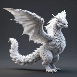 a 3 d render of a feathery male dragon with a spike at the tip of his tail