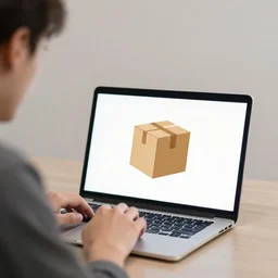 a man looking at a laptop with a cardboard box icon that can be seen on the screen of the laptop
