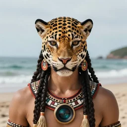 portrait of a young mayan jaguar warrior, beach pic, depth of field, zeiss lens, detailed, symmetrical, centered, fashion photoshoot, by annie leibovitz and steve mccurry, david lazar, jimmy nelsson, breathtaking, 8 k resolution, extremely detailed, beautiful, establishing shot, artistic, hyperrealistic, beautiful face, octane render