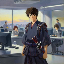 japanese samurai working in a modern day office, late afternoon by tsviatko kinchev, makoto shinkai, linda wilder, cedric peyravernay, oil painting, ultra detailed