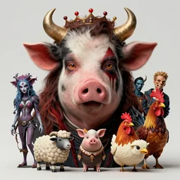 a hyper detailed full face portrait of joaquin phoenix as the king of animals cow pig sheep chicken, horror, sideshow figurines, diablo 4 lilith, by yusuke murata, by hiroya oku, by dorian cleavenger, by tom bagshaw, by zdzisław beksinski, trending on artstation
