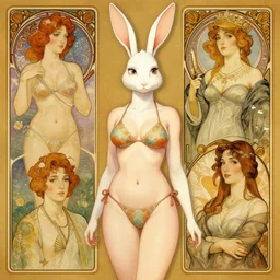 female anthropomorphic bunny rabbit character in a bikini. Renowned character illustration by greg rutkowski, thomas kindkade, alphonse mucha, loish, norman rockwell. Trending on artstation.