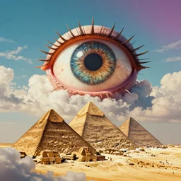 Giant hyper-realistic floating eye in the clouds looking down over the pyramids in the style of Mark Riddick and Rob Gonsalves, award winning album cover artwork, psychedelic, UHD, 8K High Definition, grain, gradient, noise