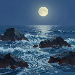 digital matte fantasy dreamy seascape rocks waves moonlight, artstation, behance, 8 k by benoit b. mandelbrot and alex grey